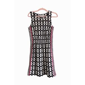 Gretchen Scott Geometric Cinch Dress Size Small Black White Pink Stripe MSRP 149